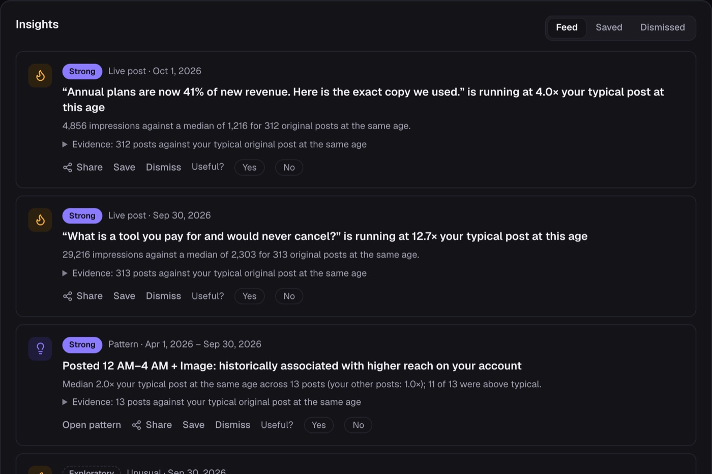 The insights feed: two live posts running well ahead of your typical post at their age, and a posting-time pattern historically associated with higher reach, each marked Strong with its evidence.